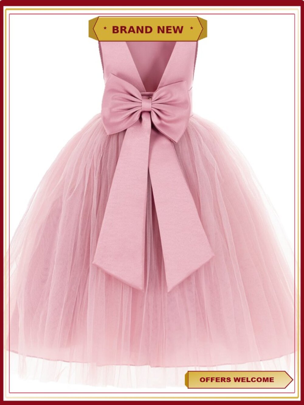 Satin Tulle Flower Girl Dress V-Back Junior Bridesmaid Pageant Gown